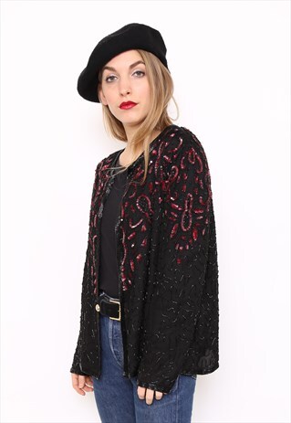 VINTAGE 90S BLACK SILK EMBELLISHED PARTY TROPHY JACKET