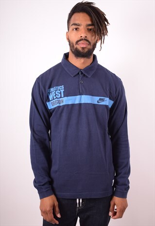 NIKE MENS VINTAGE POLO SHIRT LONG SLEEVE LARGE NAVY BLUE 90S