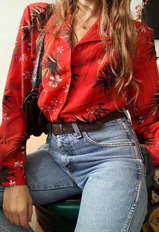 VINTAGE 80S HAUTE BOHEME TROPICAL PRINT BLOUSE SHIRT TOP