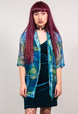 VINTAGE 90'S BLUE FLORAL PRINT SHEER SHORT SLEEVE SHIRT
