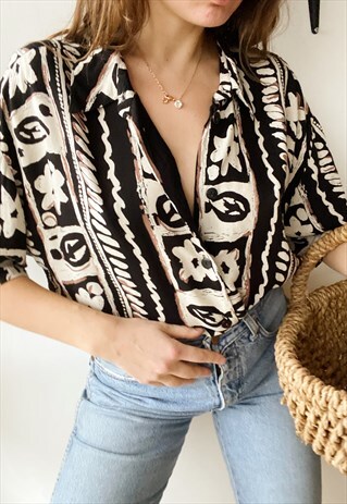 VINTAGE 80S ETHNIC ABSTRACT PRINT PARISIAN CHIC BLOUSE TOP