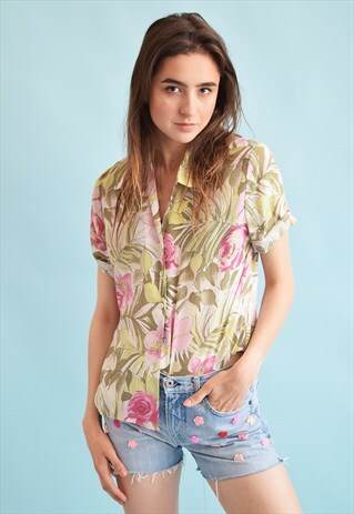 90'S RETRO FLORAL PRINT OVERSIZED MOMS BLOUSE TOP