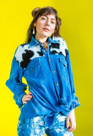 UP-CYCLED FAUX FUR COW GIRL DENIM SHIRT