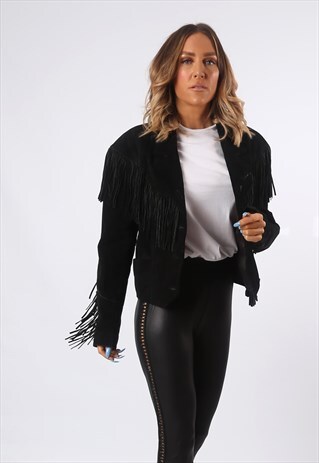 TASSEL FRINGE JACKET SUEDE BOHEMIAN 90'S UK 16 (E9E)