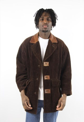 VINTAGE ELLESSE BROWN CORD LEATHER PATCH JACKET