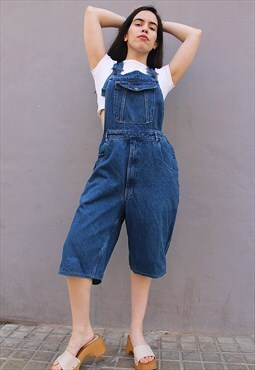 Vintage 90s Blue Denim Overall Long Dungaree Shorts