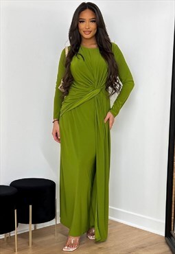 Green Long Sleeve Knot Detail Maxi Dress