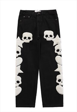 Skull patch jeans star fleece applique denim pants in black