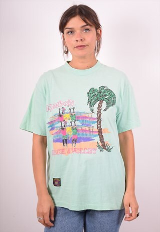 REEBOK WOMENS VINTAGE T-SHIRT TOP SMALL GREEN 90S