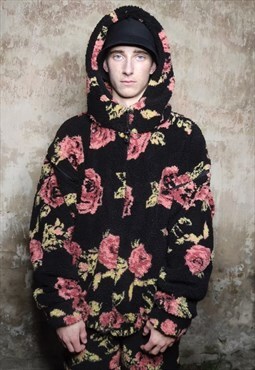 Floral fleece bomber handmade 2 in 1 rose jacket in black