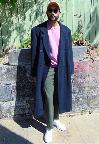 90S MINIMALIST LUXURY CASHMERE BLEND BLUE WOOL LINED COAT
