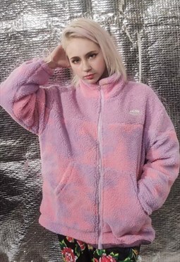 Tie-dye fleece jacket fauxfur bear bomber gradient coat pink