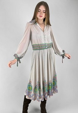 Princess Rayauti 70's Grey Floral Bell Sleeve Midi Dress