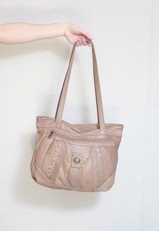 VINTAGE 1980'S BEIGE/BROWN LEATHER PATCH SLOUCHY BAG
