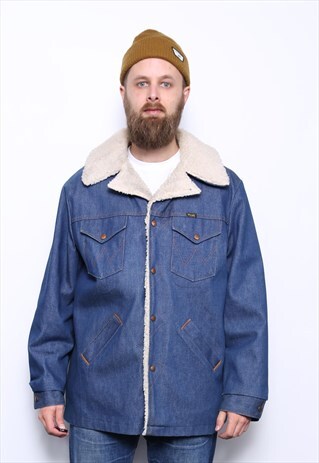 VINTAGE WRANGLER SHEARLING LINED 14OZ BLUE DENIM JACKET