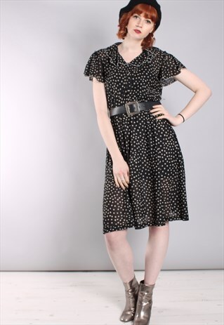 VINTAGE 60S PATTERNED SHEER FRILLY PETER PAN COLLAR DRESS