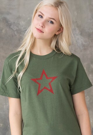 STAR T SHIRT GEOMETRIC KHAKI RETRO CUTE RAD WOMEN'S TEE TOP