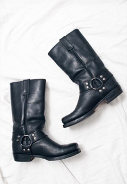 Vintage 80s Leather Moto Boots in Black