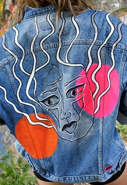 Reworked Painted Vintage Denim Jacket - Abstract Face Design