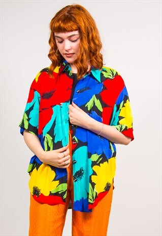 VINTAGE 90'S COLOURFUL FLORAL PRINT SHORT SLEEVE SHIRT