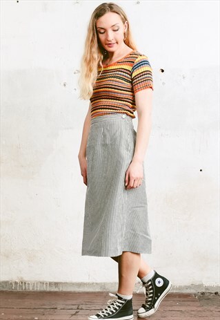 VINTAGE 80S GREY VERTICAL STRIPE HAND SEWN MIDI SKIRT