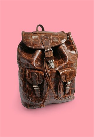 VINTAGE 90'S FAUX PATENT LEATHER CROC EMBOSSED BACKPACK