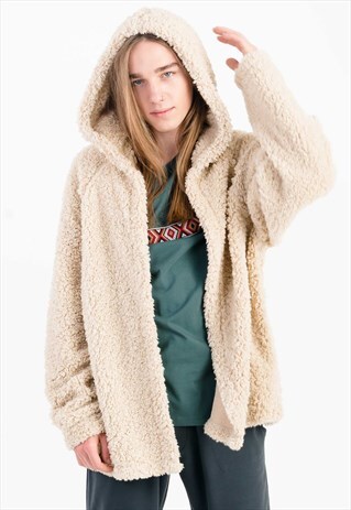 FLEECE CARDIGAN IN BEIGE WITH HOOD AND SIDE POCKETS