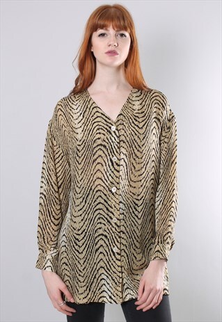 VINTAGE 90S SILK WAVY PATTERNED LONG BLOUSE