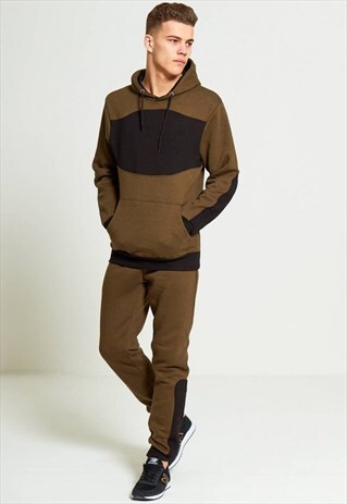 MENS KHAKI CONTRASTING PANEL HOODED LOUNGEWEAR TRACKSUIT