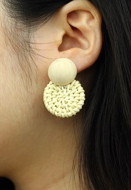Handmade Woven Wooden Stud Earrings Cream