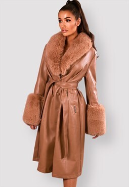 Camel vegan leather trench coat with removable fur