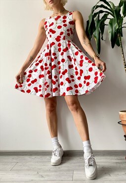Vintage 80's Cute Summer A-line Flared Cherry Mini Dress