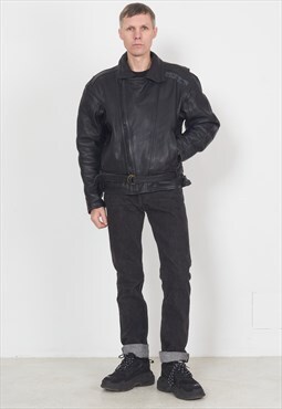 Vintage Black Leather Heavy Moto Jacket