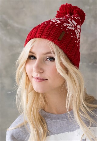 SNOWSTAR BEANIE HAT FAIR ISLE KNITTED PRETTY CUTE KNIT RED