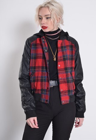 VINTAGE CHECK FLANNEL FAUX LEATHER BOMBER JACKET RED
