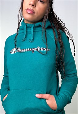 Green 90s Champion Embroidered Spellout Hoodie Sweatshirt