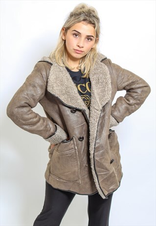 VINTAGE SHEARLING COAT FAUX FUR LINED JACKET IN BROWN M/L