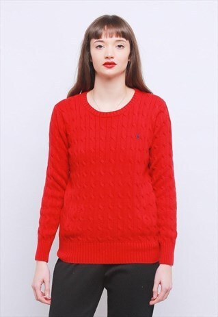 90'S POLO RALPH LAUREN RED CABLE KNIT COTTON JUMPER