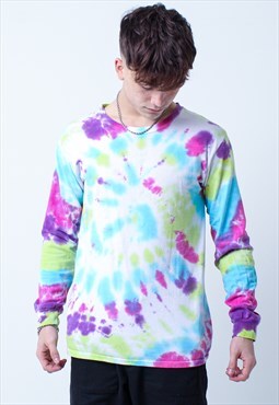 Vintage Tie Dye Graphic Long Sleeved T-Shirt in White Small