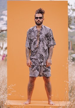 Black Palm Tropical Print Short Sleeve Summer Cotton Shirt