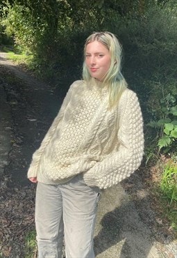 Vintage Size XL Chunky Knitted Aran Wool Jumper in Cream