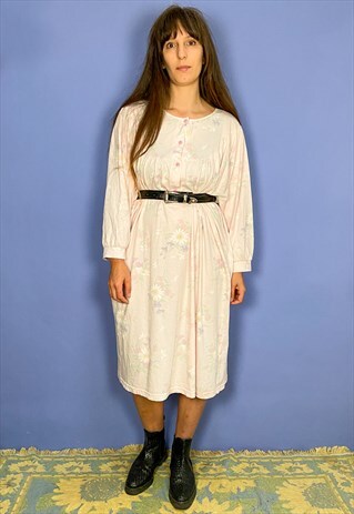 VINTAGE 90'S FLORAL DAISY PASTEL PRINT MIDI DRESS - L
