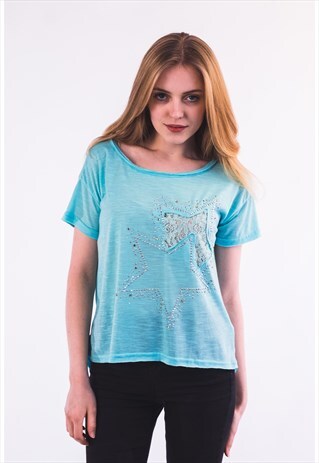 COTTON T SHIRT WITH EMBELLISHED STAR IN BLUE