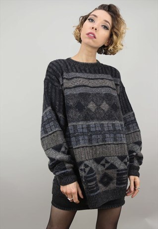 VINTAGE 80S 90S OVERSIZED PATTERNED KNIT JUMPER