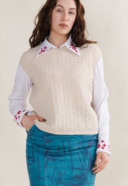 Vintage 70s Boxy Cream Knit Roundneck Pullover Vest