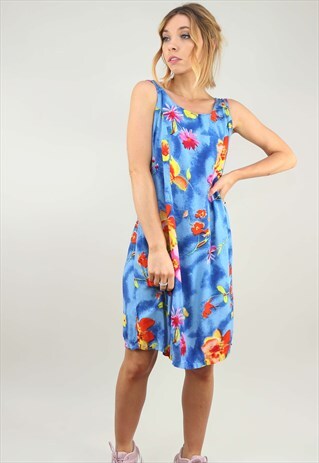 VINTAGE 90S BLUE FLORAL PATTERNED SUMMER DRESS