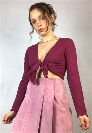 90S DARK PINK/BURGUNDY LETTUCE HEM TIE UP CARDIGAN
