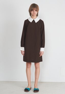 Vintage Brown with White Collar Long Sleeve Mini Dress
