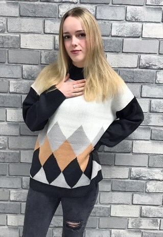 NAVY BLUE & WHITE ARGYLE HIGHNECK JUMPER