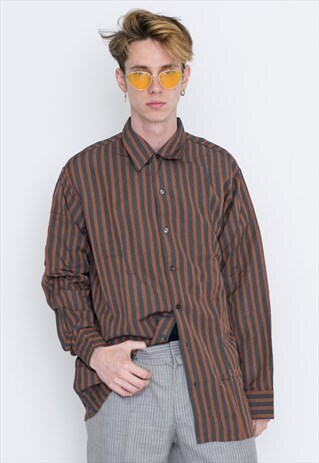 VINTAGE BROWN GREY STRIPED LONG SLEEVE RETRO SHIRT